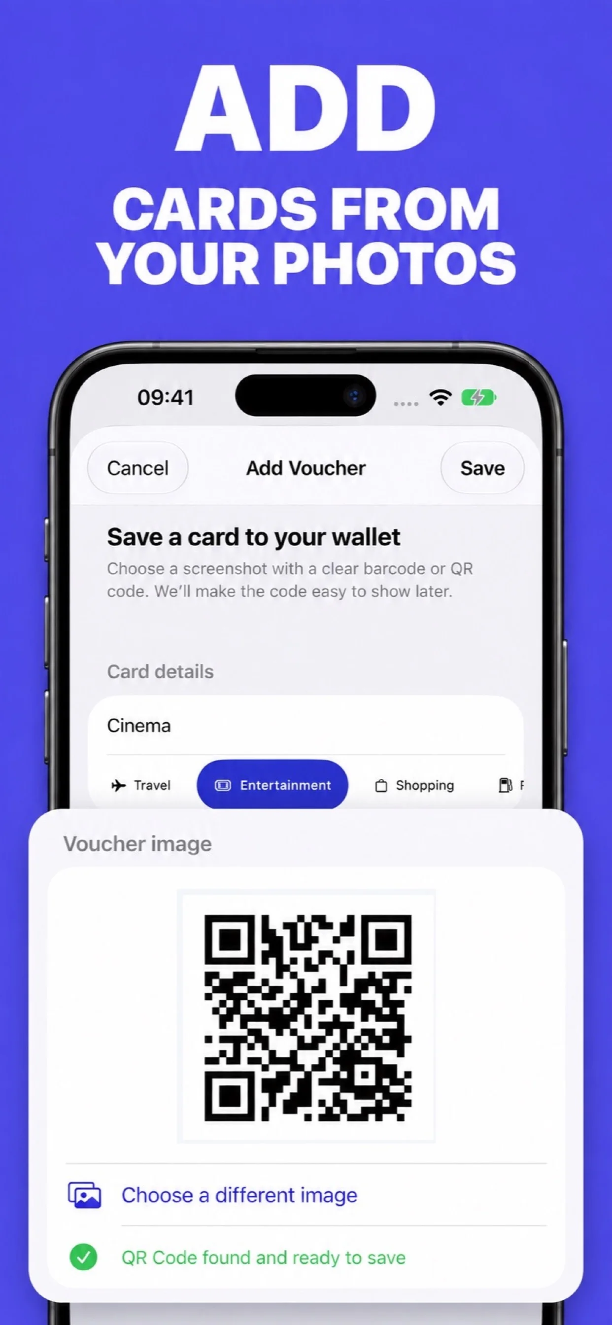 VoucherVault detecting a QR code imported from Photos