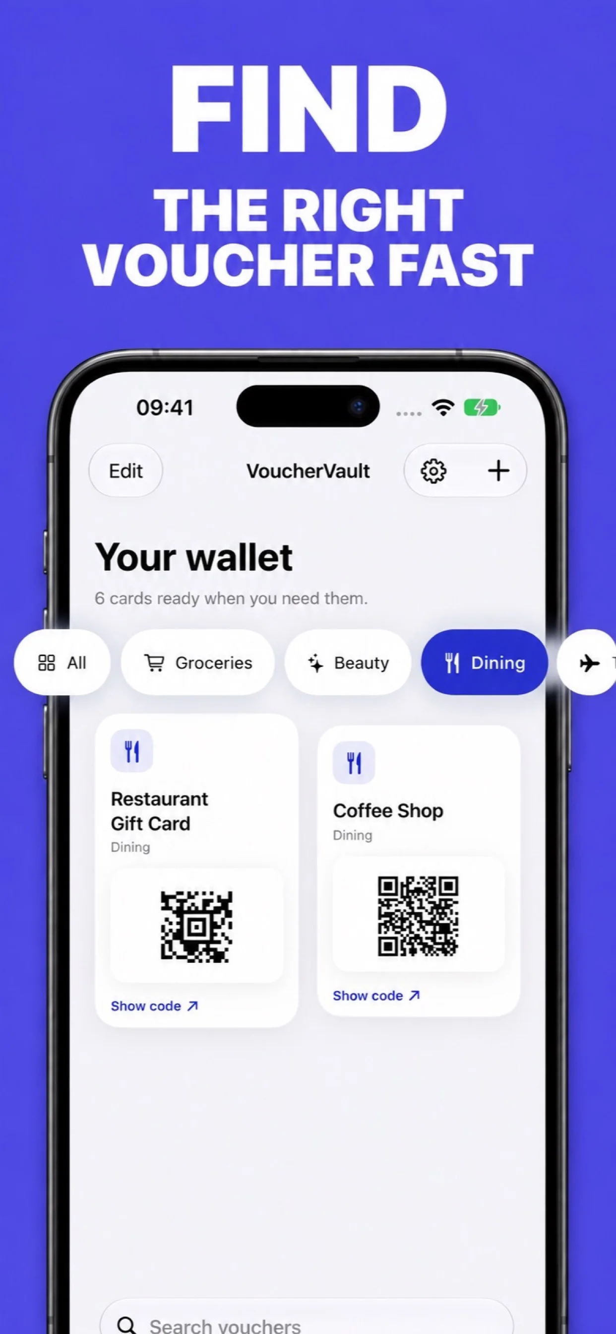 VoucherVault filtered to show dining vouchers