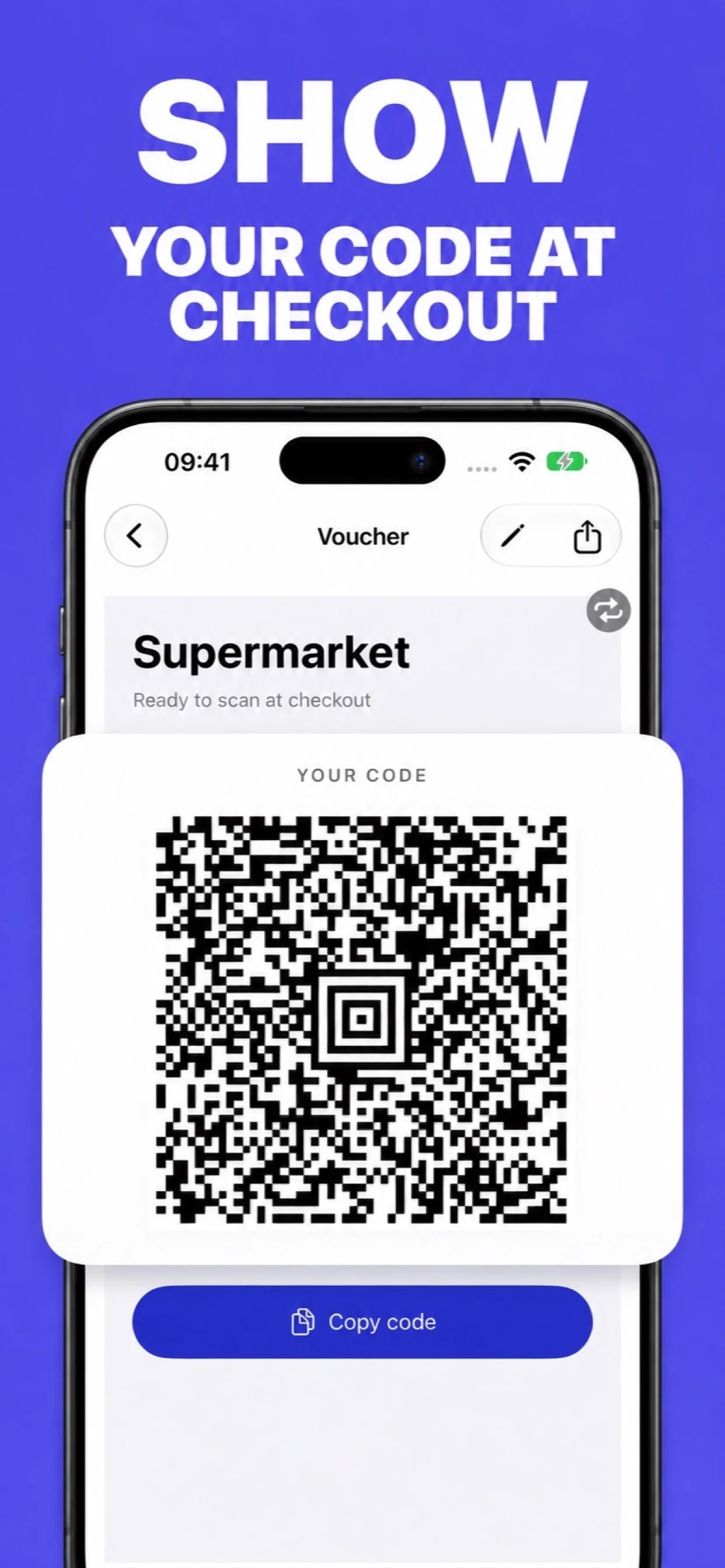A large QR code ready to scan at checkout in VoucherVault
